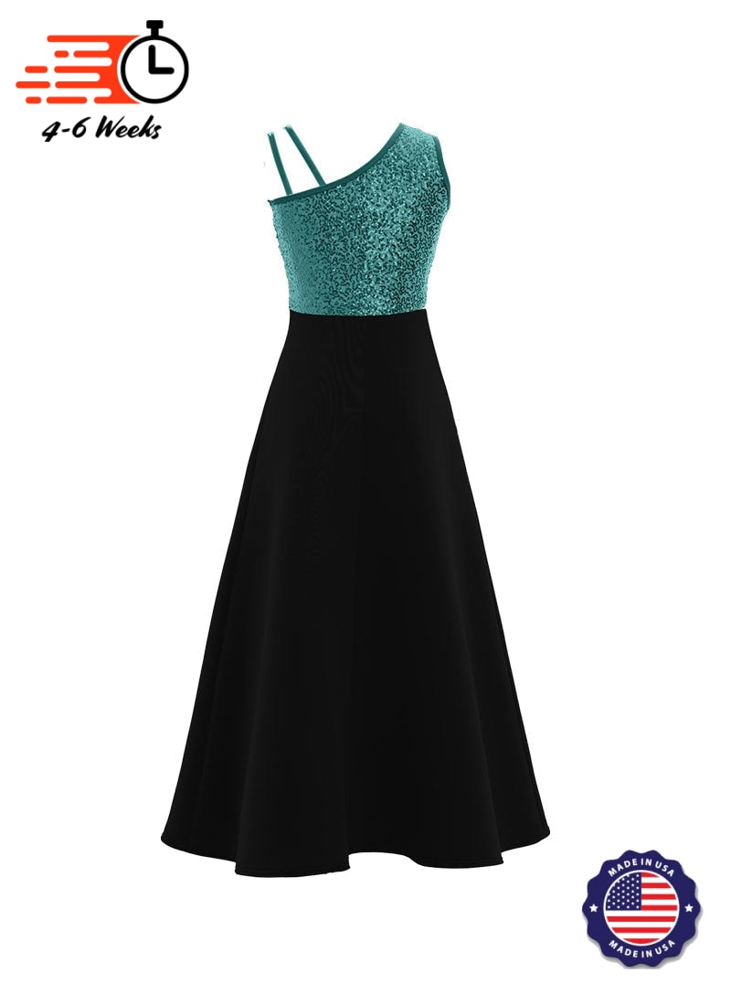 One-Shoulder Sleeveless Stretch Sequin Top / Black Crepe Knit Gown