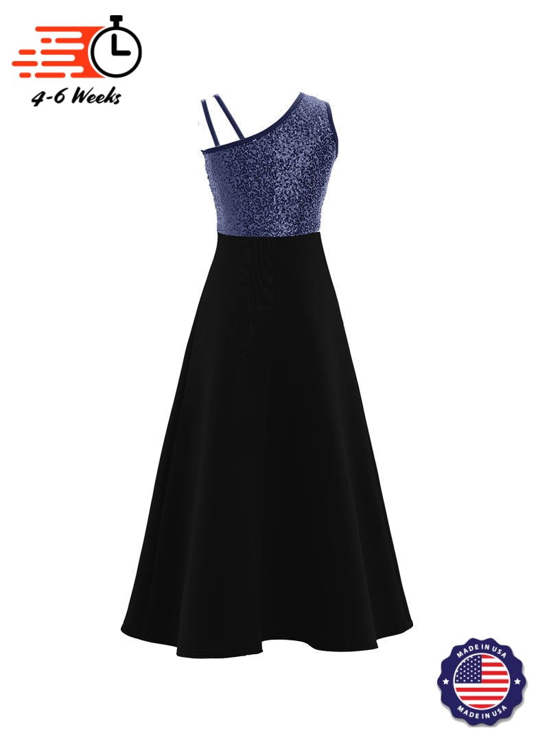 One-Shoulder Sleeveless Stretch Sequin Top / Black Crepe Knit Gown