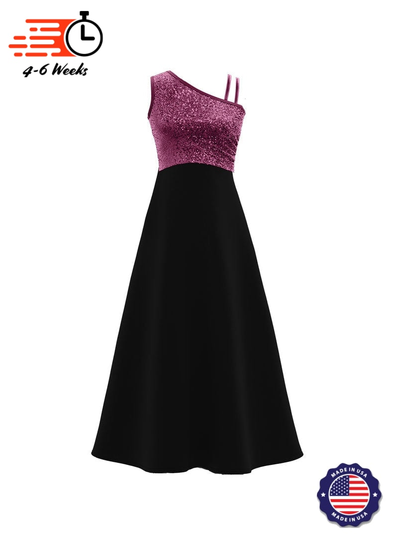 One-Shoulder Sleeveless Stretch Sequin Top / Black Crepe Knit Gown
