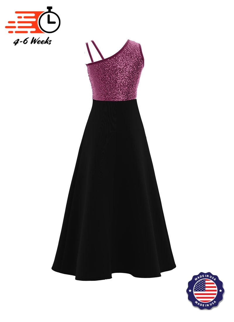 One-Shoulder Sleeveless Stretch Sequin Top / Black Crepe Knit Gown