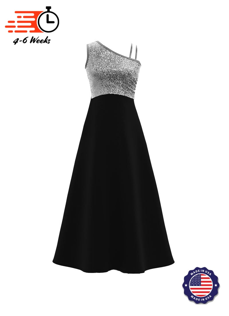 One-Shoulder Sleeveless Stretch Sequin Top / Black Crepe Knit Gown
