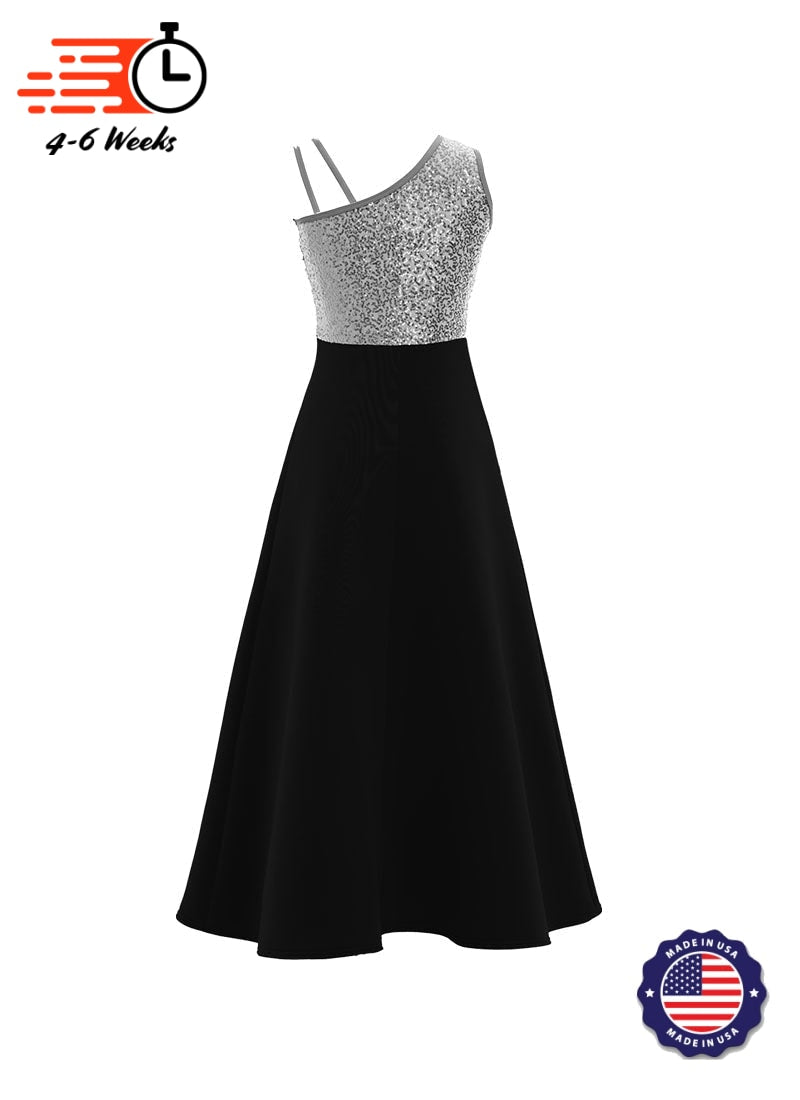 One-Shoulder Sleeveless Stretch Sequin Top / Black Crepe Knit Gown
