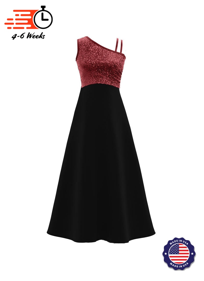 One-Shoulder Sleeveless Stretch Sequin Top / Black Crepe Knit Gown