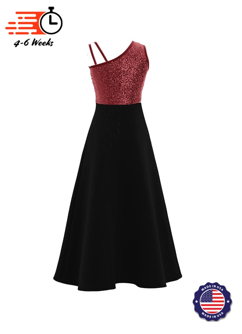 One-Shoulder Sleeveless Stretch Sequin Top / Black Crepe Knit Gown