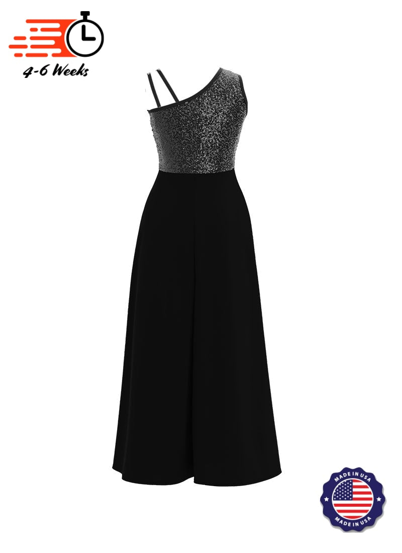 One-Shoulder Sleeveless Stretch Velvet Top / Black Crepe Knit Palazzo Pant Jumpsuit