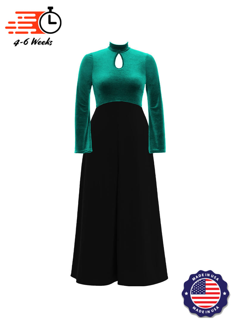 High Neck Keyhole Long Sleeve Stretch Velvet Top/ Black Crepe Knit Palazzo Pant Jumpsuit