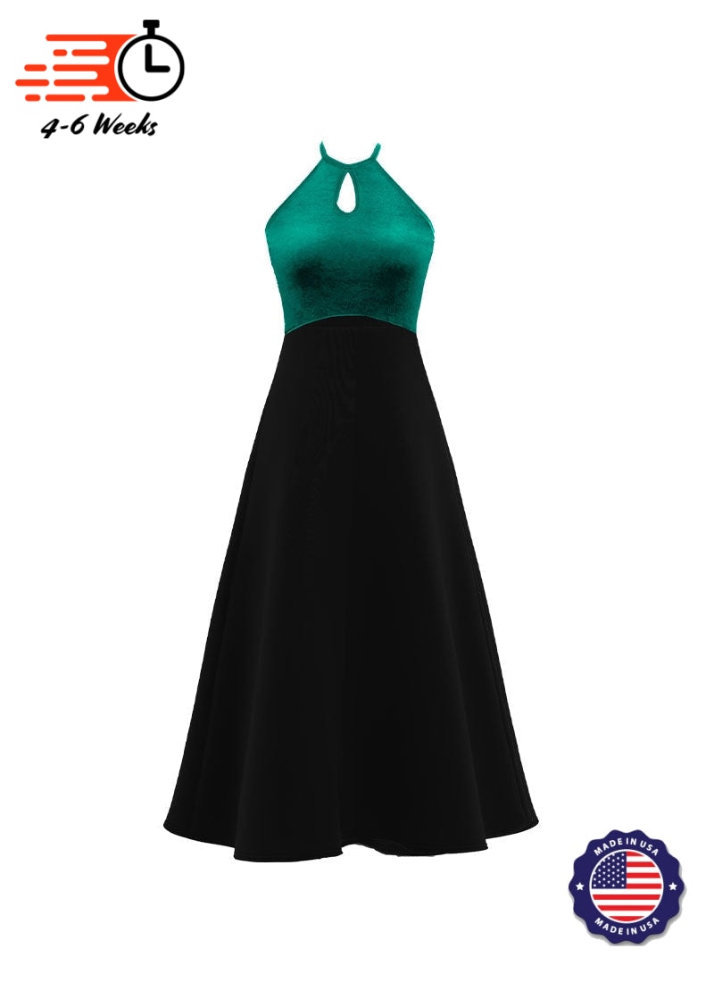 High Neck Keyhole Halter Stretch Velvet Top/ Black Crepe Knit Gown