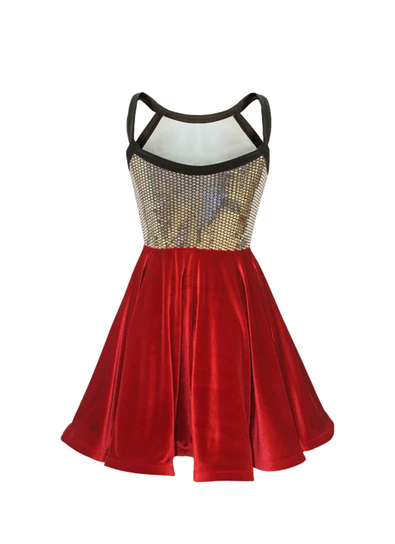 Silver Disco Ball Sequin/Red Stretch Velvet Show Choir Dress back