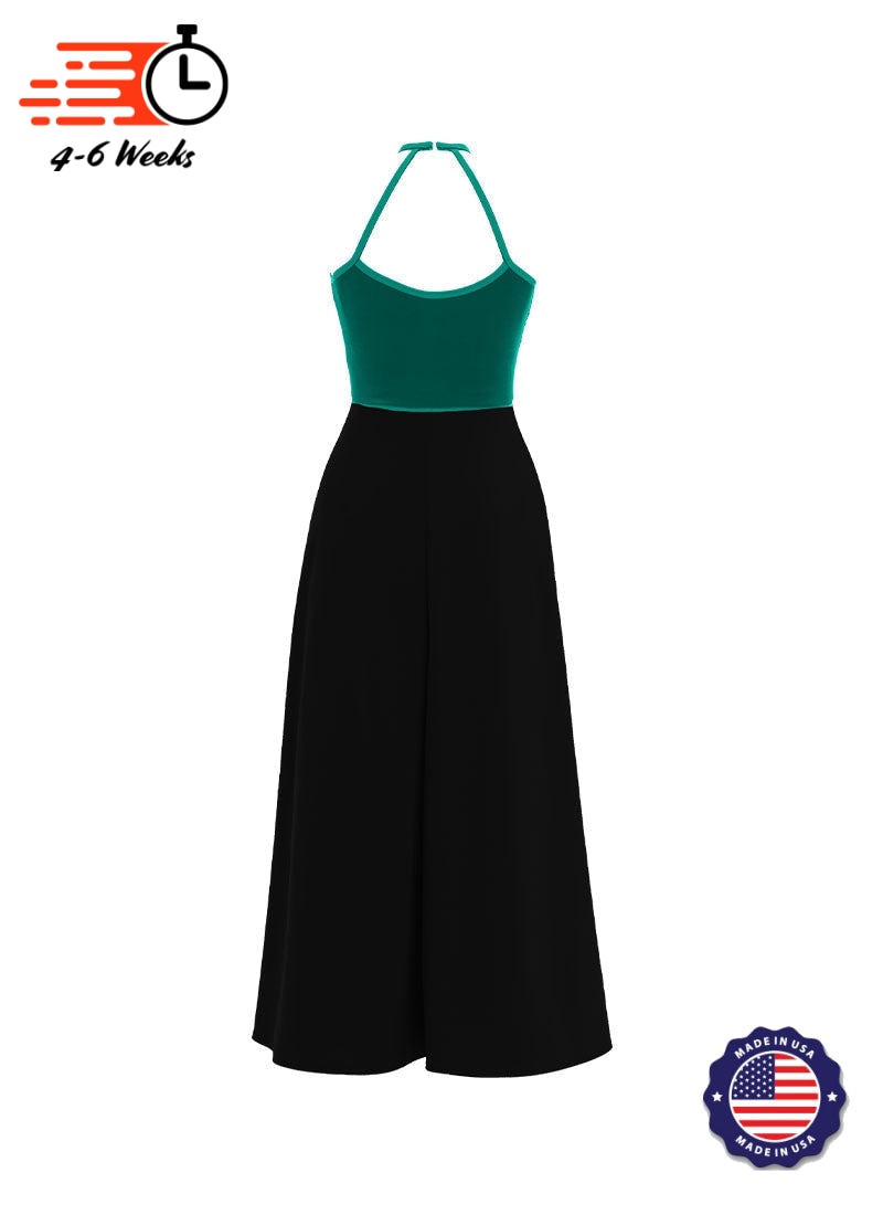 High Neck Keyhole Halter Stretch Velvet Top/ Black Crepe Knit Palazzo Pant Jumpsuit