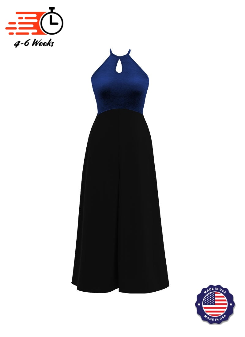 High Neck Keyhole Halter Stretch Velvet Top/ Black Crepe Knit Palazzo Pant Jumpsuit