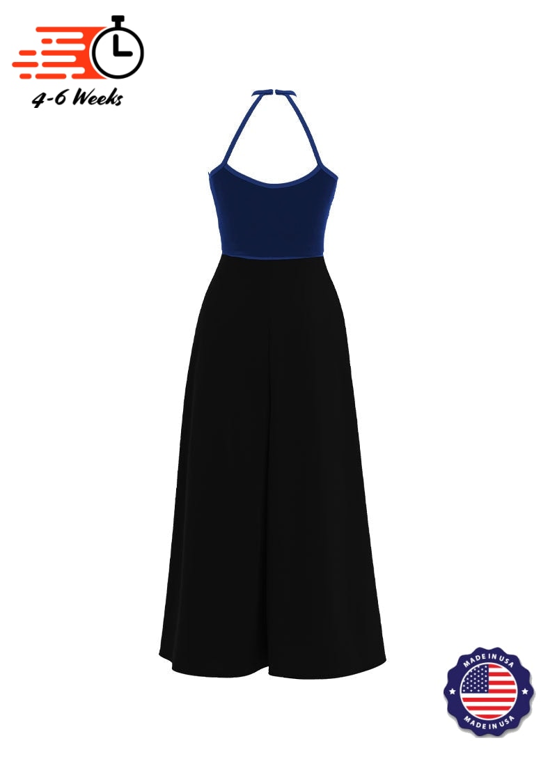 High Neck Keyhole Halter Stretch Velvet Top/ Black Crepe Knit Palazzo Pant Jumpsuit