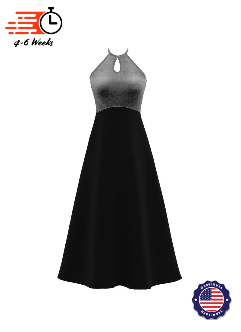 High Neck Keyhole Halter Stretch Velvet Top/ Black Crepe Knit Gown