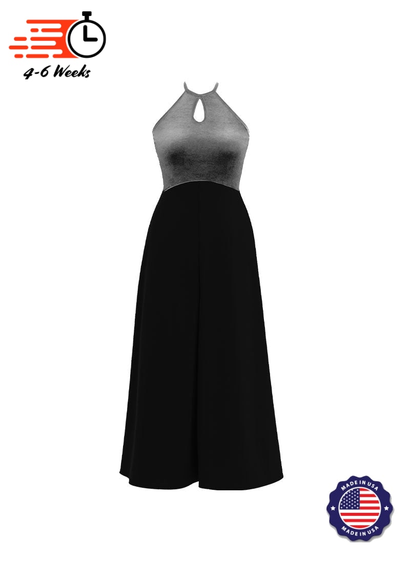 High Neck Keyhole Halter Stretch Velvet Top/ Black Crepe Knit Palazzo Pant Jumpsuit
