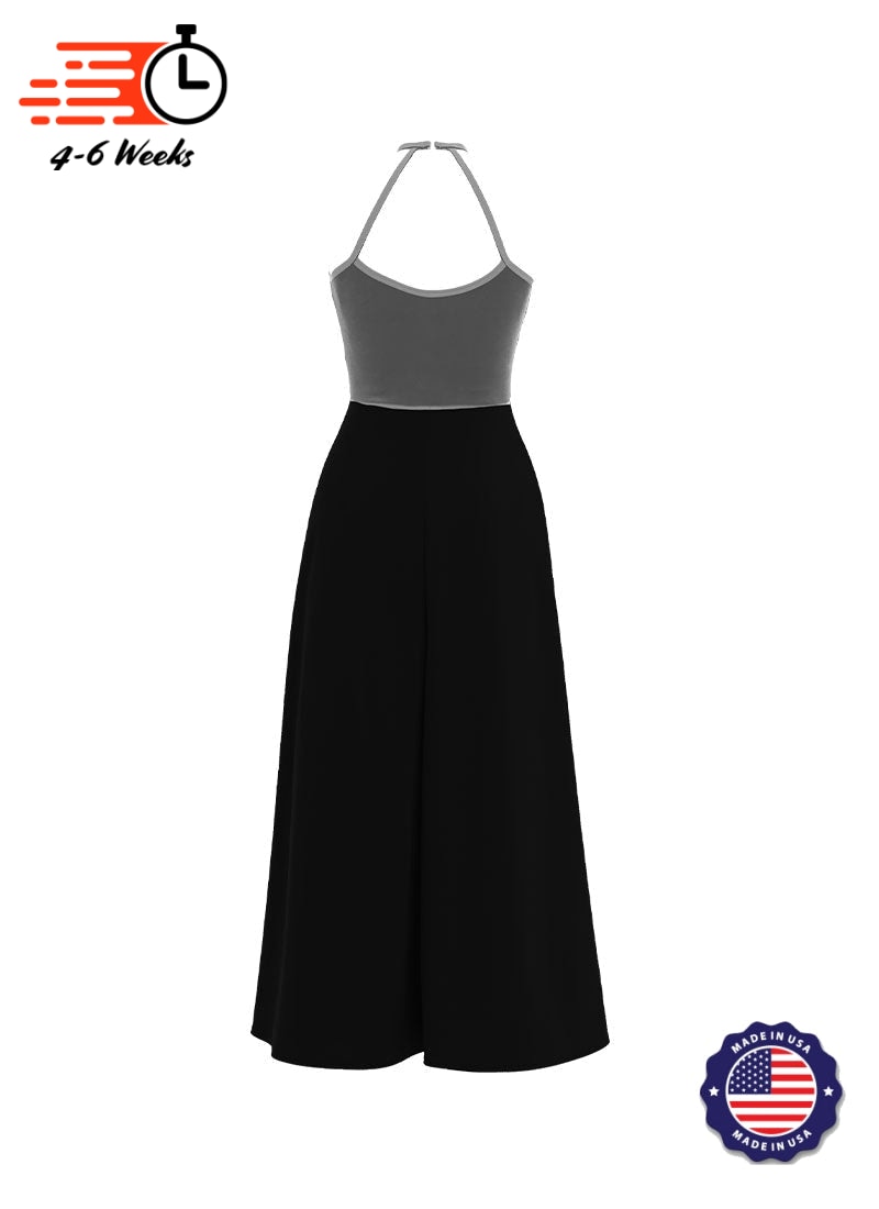 High Neck Keyhole Halter Stretch Velvet Top/ Black Crepe Knit Palazzo Pant Jumpsuit