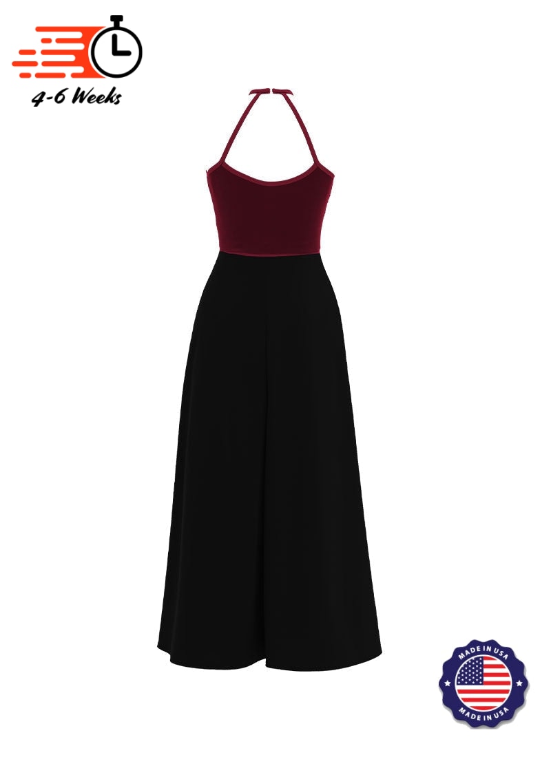 High Neck Keyhole Halter Stretch Velvet Top/ Black Crepe Knit Palazzo Pant Jumpsuit