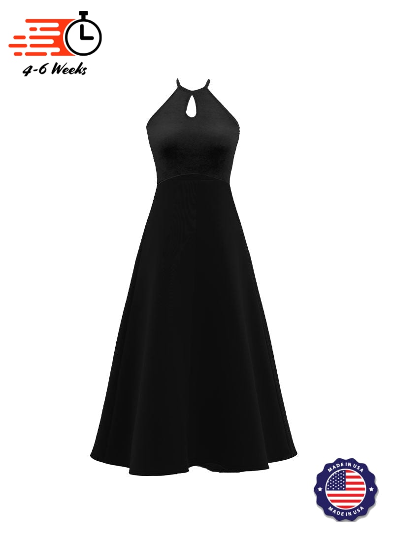 High Neck Keyhole Halter Stretch Velvet Top/ Black Crepe Knit Gown