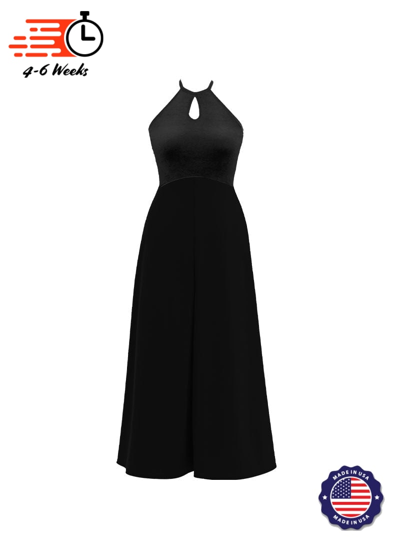 High Neck Keyhole Halter Stretch Velvet Top/ Black Crepe Knit Palazzo Pant Jumpsuit