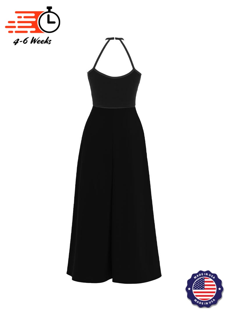 High Neck Keyhole Halter Stretch Velvet Top/ Black Crepe Knit Palazzo Pant Jumpsuit