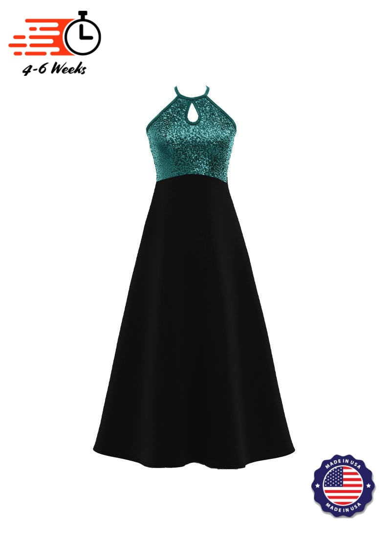 High Neck Keyhole Halter Stretch Sequin Top/ Black Crepe Knit Gown