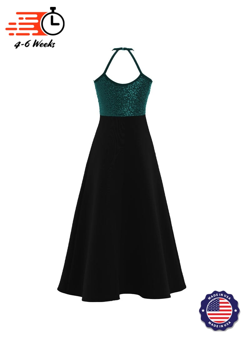 High Neck Keyhole Halter Stretch Sequin Top/ Black Crepe Knit Gown
