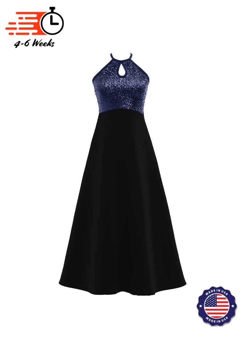 High Neck Keyhole Halter Stretch Sequin Top/ Black Crepe Knit Gown