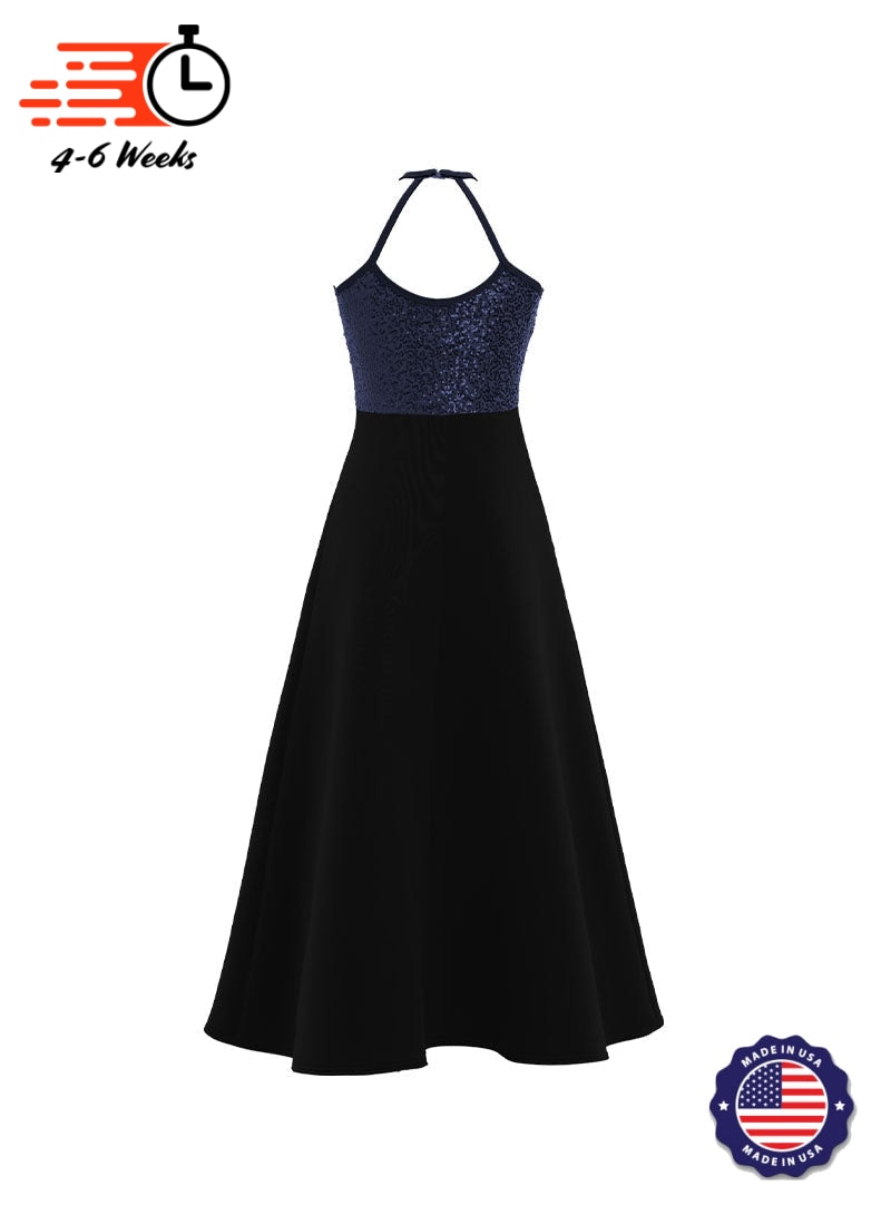 High Neck Keyhole Halter Stretch Sequin Top/ Black Crepe Knit Gown