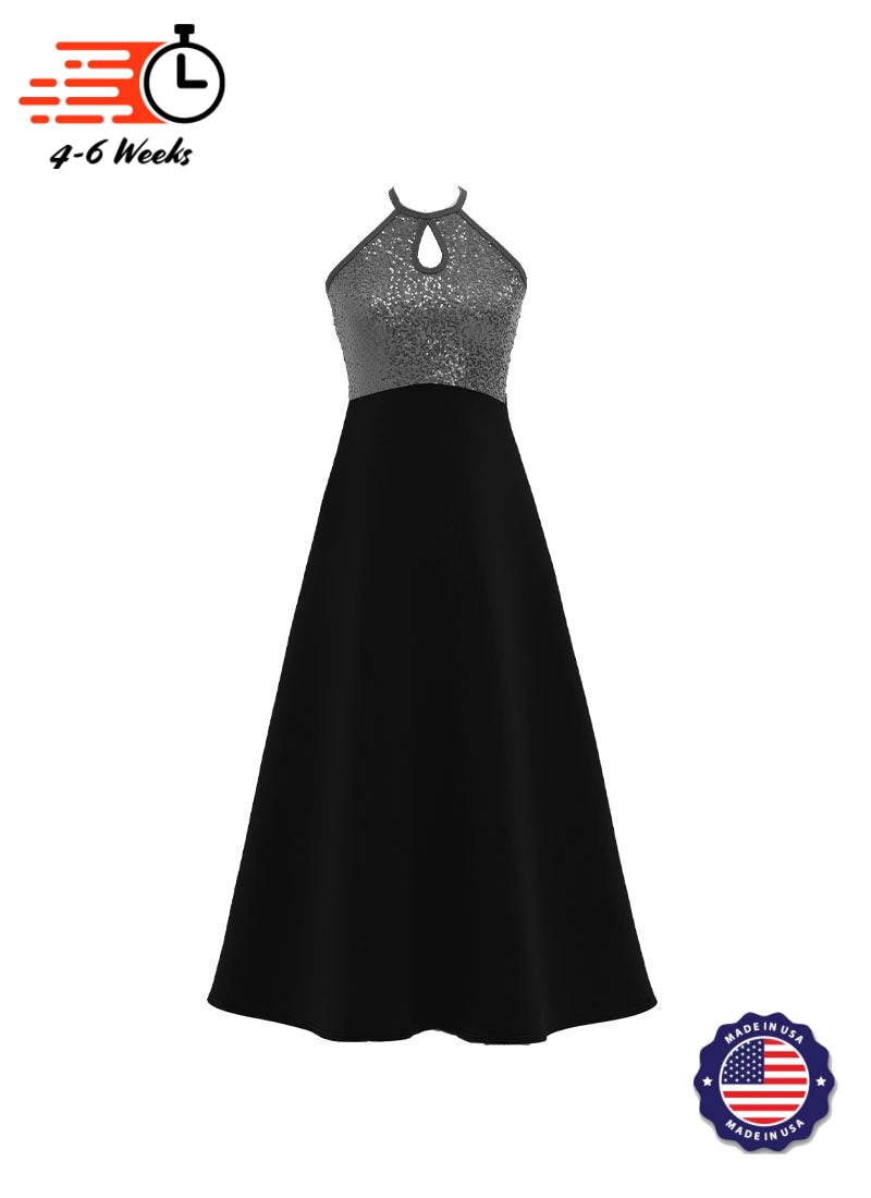 High Neck Keyhole Halter Stretch Sequin Top/ Black Crepe Knit Gown