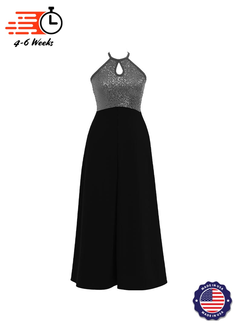 High Neck Keyhole Halter Stretch Sequin Top/ Black Crepe Knit Palazzo Pant Jumpsuit