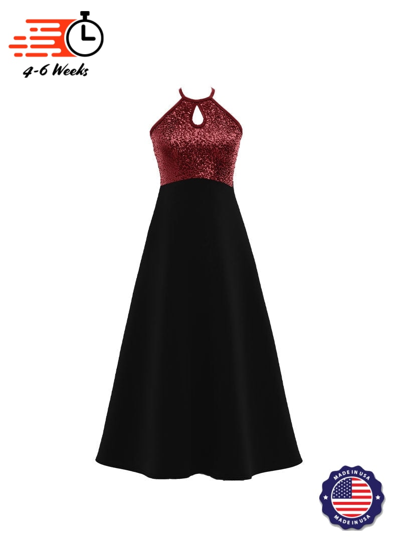 High Neck Keyhole Halter Stretch Sequin Top/ Black Crepe Knit Gown