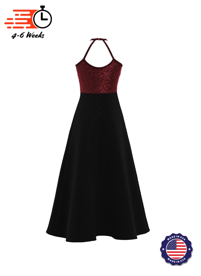 High Neck Keyhole Halter Stretch Sequin Top/ Black Crepe Knit Gown