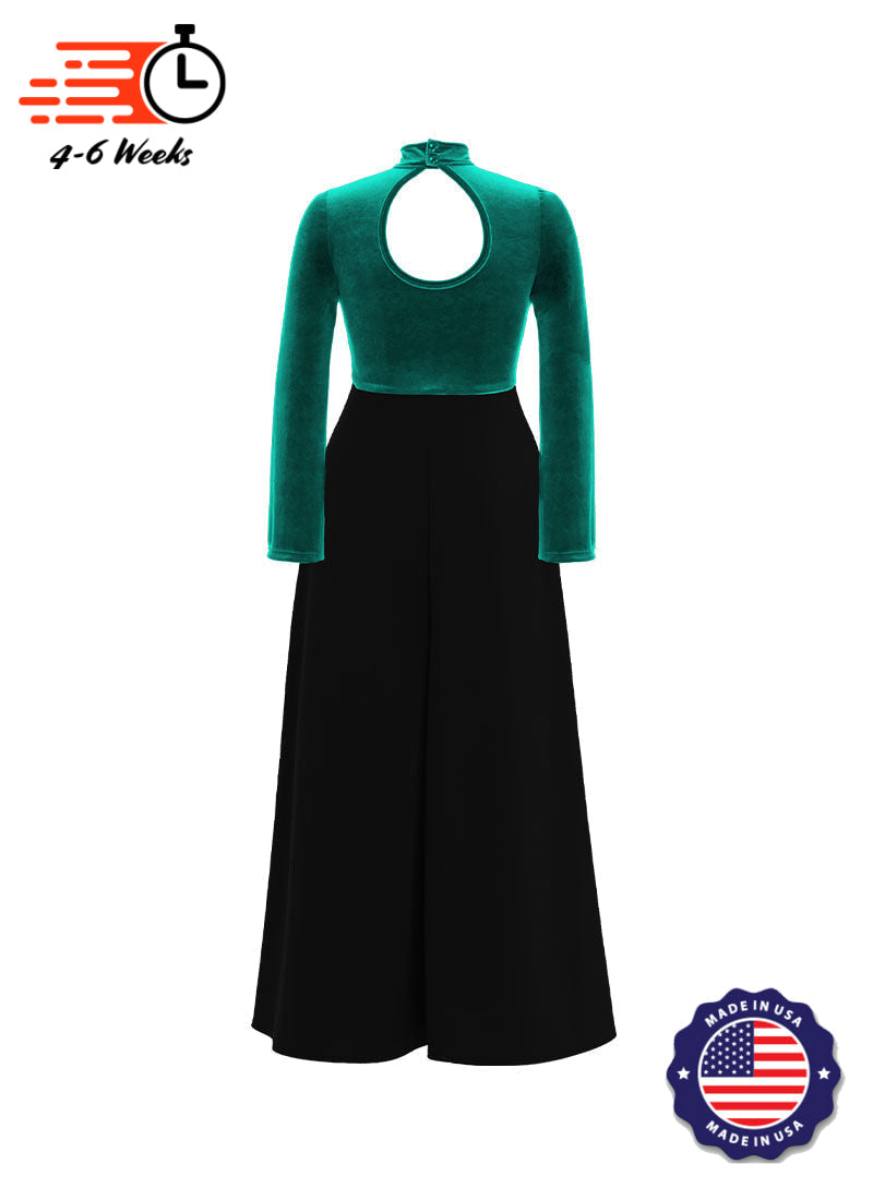 High Neck Keyhole Long Sleeve Stretch Velvet Top/ Black Crepe Knit Palazzo Pant Jumpsuit