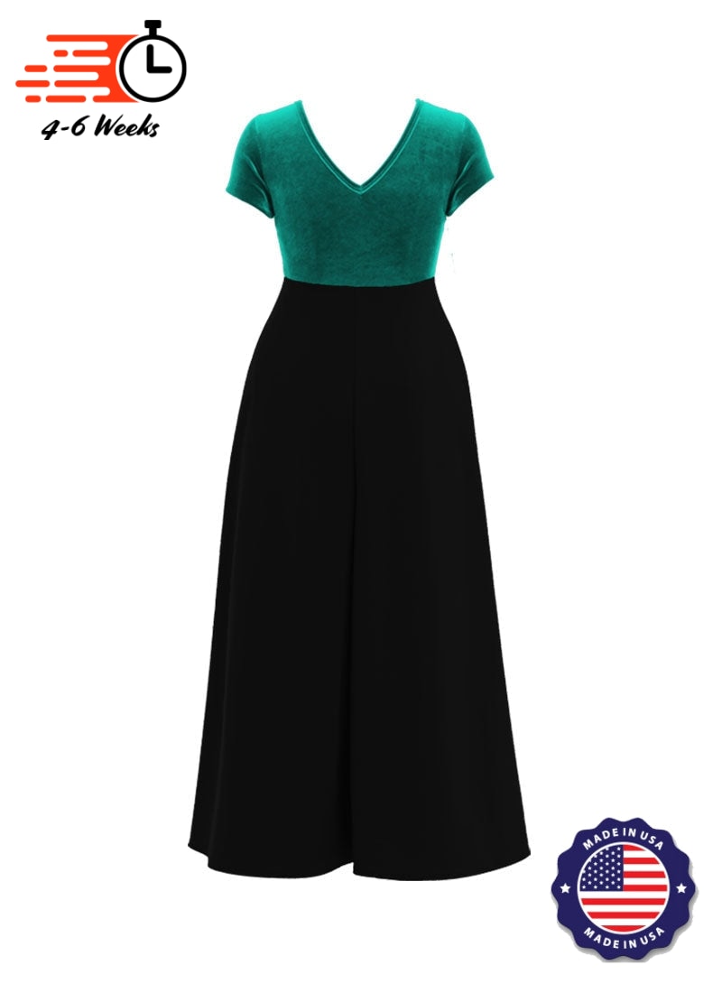 Jewel Neck V-Back Neck Short Sleeve Stretch Velvet Top/ Black Crepe Knit Palazzo Pant Jumpsuit