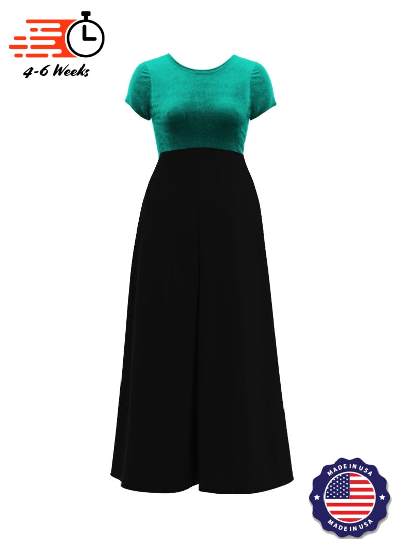 Jewel Neck V-Back Neck Short Sleeve Stretch Velvet Top/ Black Crepe Knit Palazzo Pant Jumpsuit