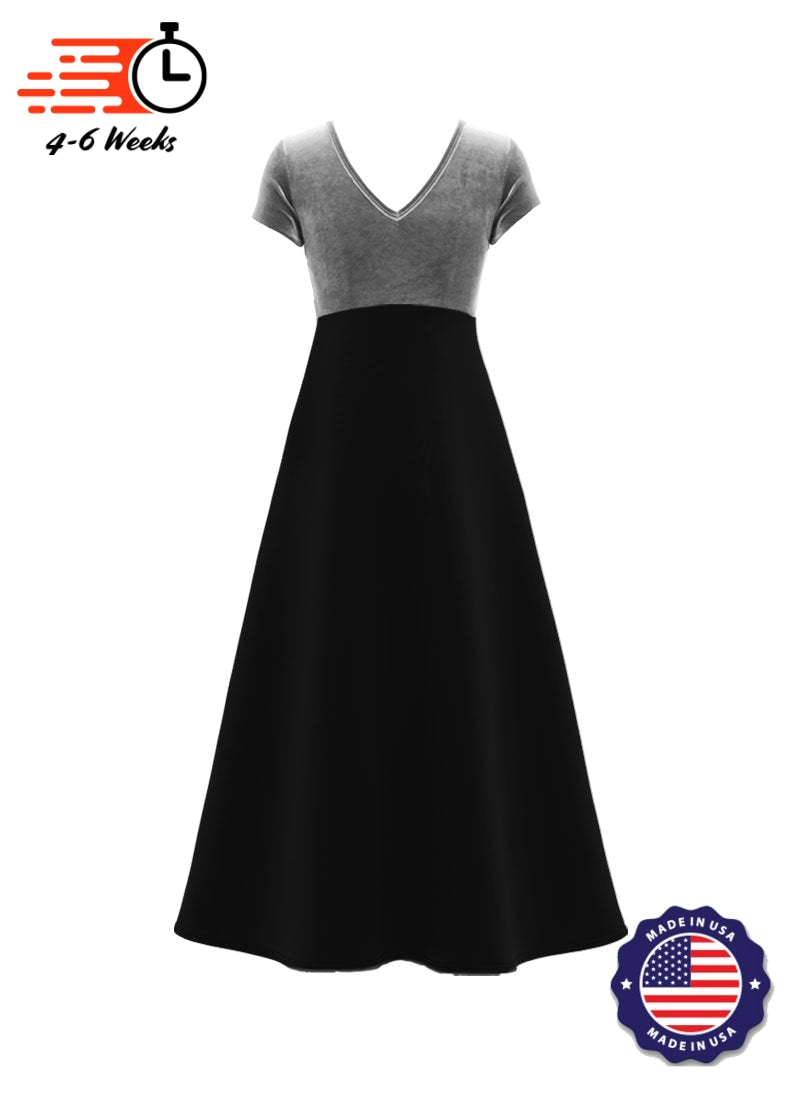 Jewel Neck V-Back Neck Short Sleeve Stretch Velvet Top/ Black Crepe Knit Gown