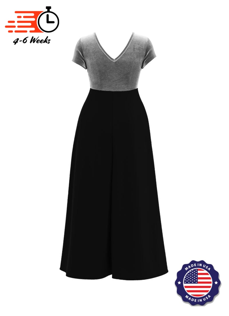 Jewel Neck V-Back Neck Short Sleeve Stretch Velvet Top/ Black Crepe Knit Palazzo Pant Jumpsuit