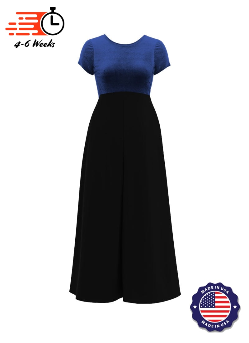 Jewel Neck V-Back Neck Short Sleeve Stretch Velvet Top/ Black Crepe Knit Palazzo Pant Jumpsuit