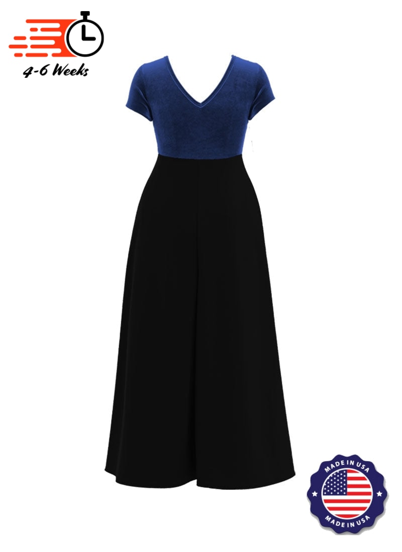 Jewel Neck V-Back Neck Short Sleeve Stretch Velvet Top/ Black Crepe Knit Palazzo Pant Jumpsuit