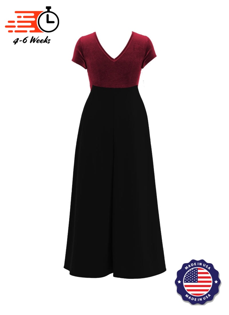 Jewel Neck V-Back Neck Short Sleeve Stretch Velvet Top/ Black Crepe Knit Palazzo Pant Jumpsuit