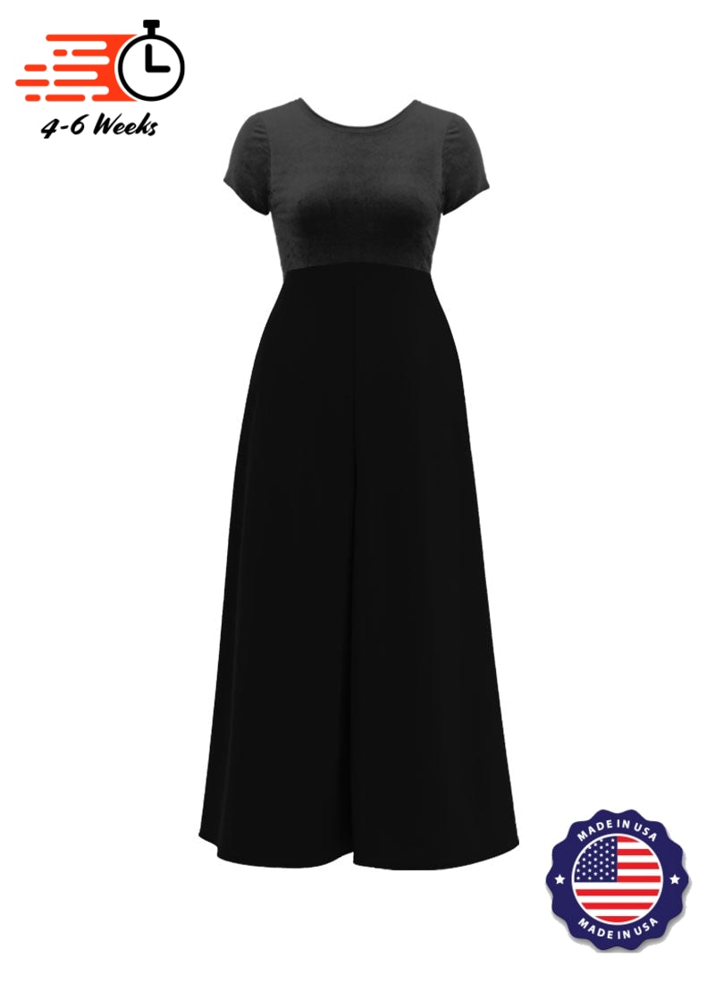 Jewel Neck V-Back Neck Short Sleeve Stretch Velvet Top/ Black Crepe Knit Palazzo Pant Jumpsuit