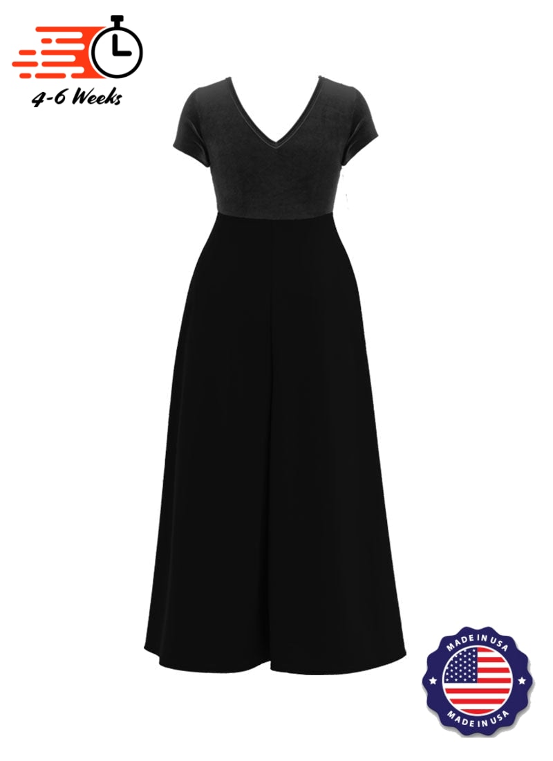 Jewel Neck V-Back Neck Short Sleeve Stretch Velvet Top/ Black Crepe Knit Palazzo Pant Jumpsuit