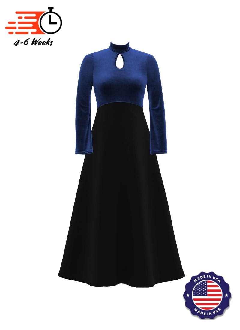 High Neck Keyhole Long Sleeve Stretch Velvet Top/ Black Crepe Knit Gown