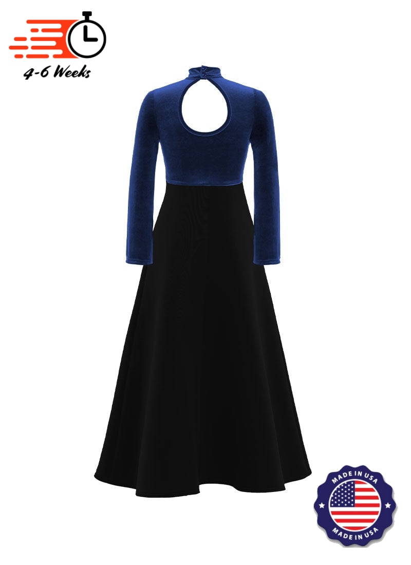 High Neck Keyhole Long Sleeve Stretch Velvet Top/ Black Crepe Knit Gown