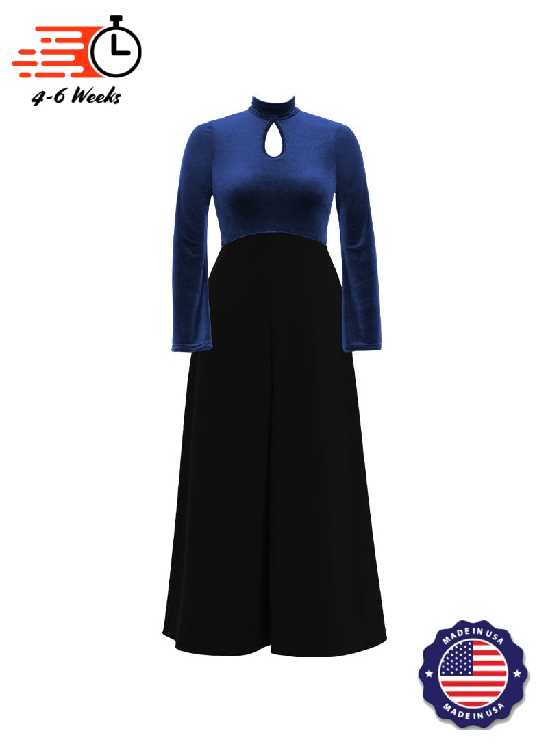 High Neck Keyhole Long Sleeve Stretch Velvet Top/ Black Crepe Knit Palazzo Pant Jumpsuit