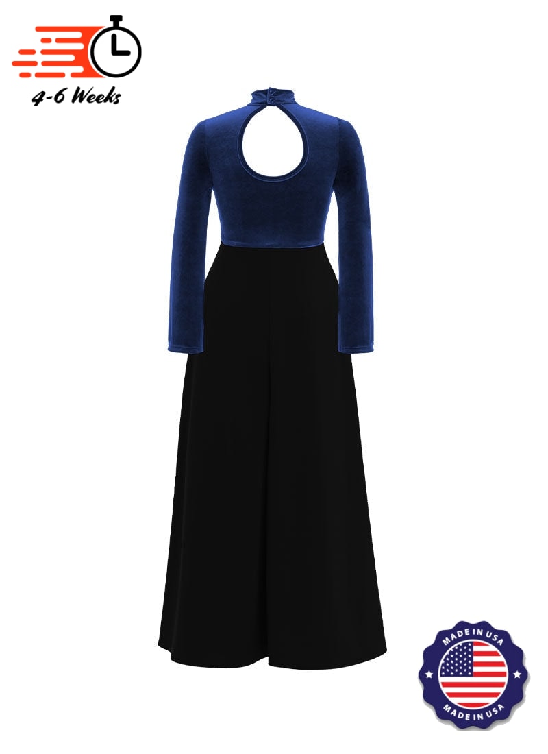 High Neck Keyhole Long Sleeve Stretch Velvet Top/ Black Crepe Knit Palazzo Pant Jumpsuit
