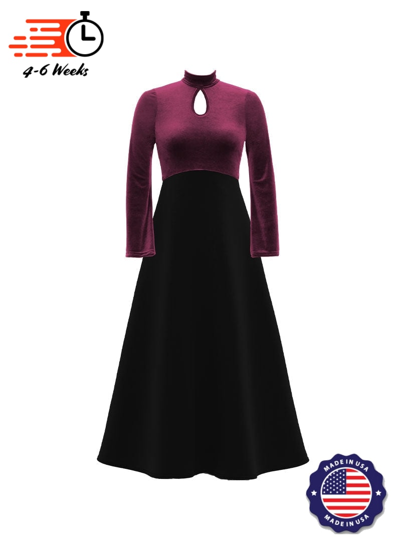High Neck Keyhole Long Sleeve Stretch Velvet Top/ Black Crepe Knit Gown