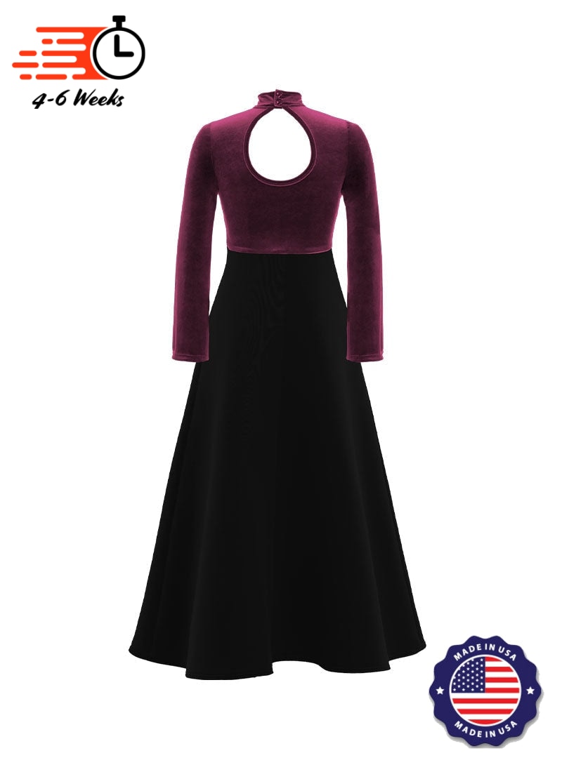 High Neck Keyhole Long Sleeve Stretch Velvet Top/ Black Crepe Knit Gown
