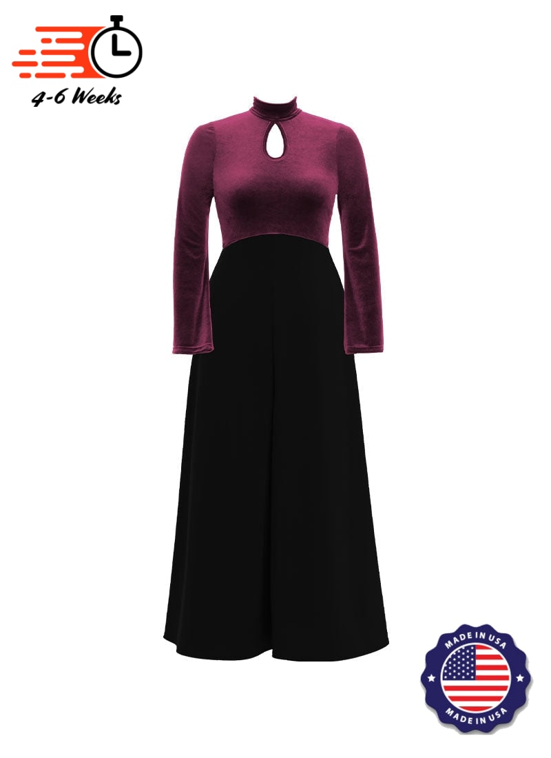 High Neck Keyhole Long Sleeve Stretch Velvet Top/ Black Crepe Knit Palazzo Pant Jumpsuit