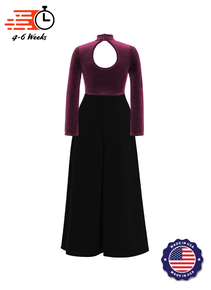High Neck Keyhole Long Sleeve Stretch Velvet Top/ Black Crepe Knit Palazzo Pant Jumpsuit