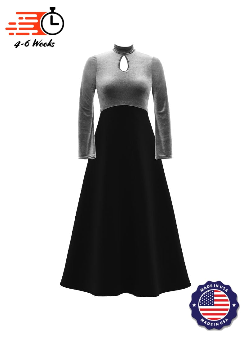 High Neck Keyhole Long Sleeve Stretch Velvet Top/ Black Crepe Knit Gown