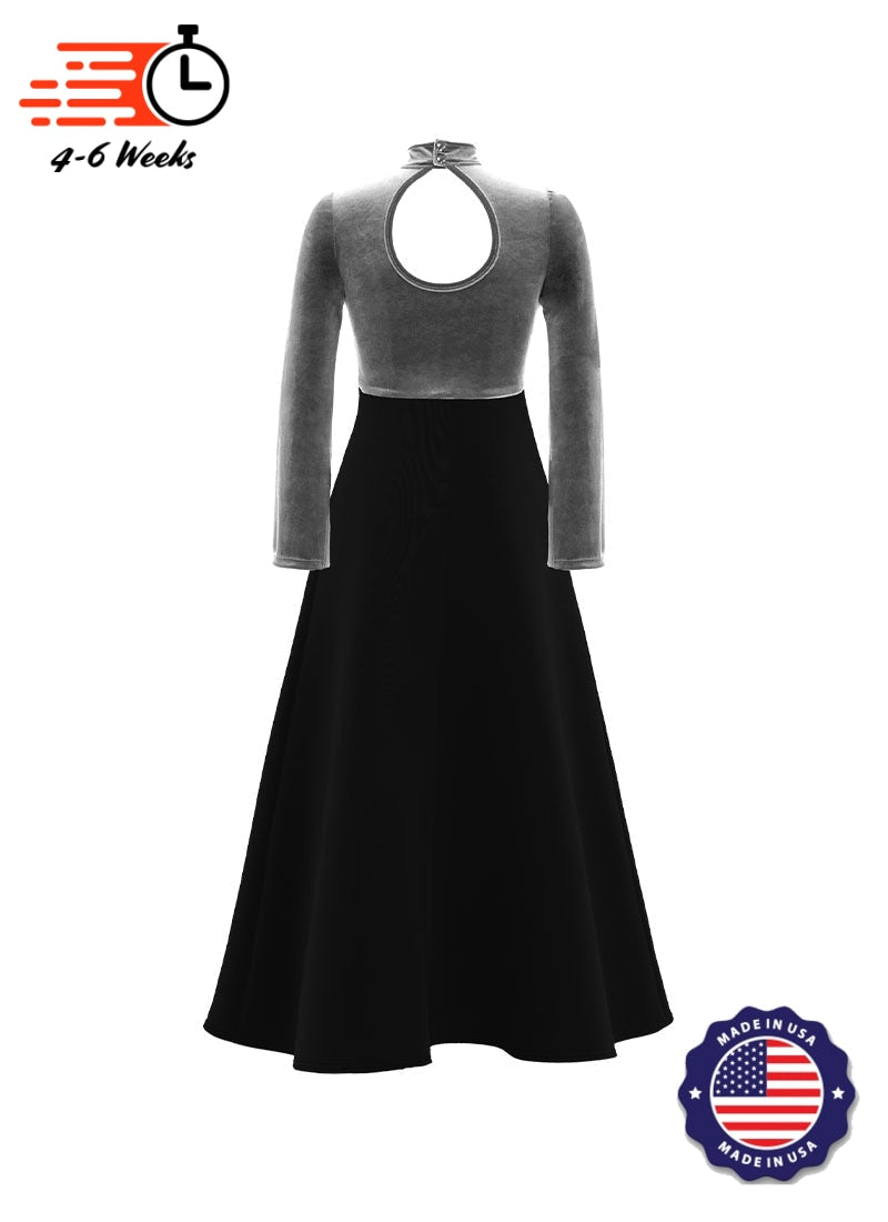 High Neck Keyhole Long Sleeve Stretch Velvet Top/ Black Crepe Knit Gown